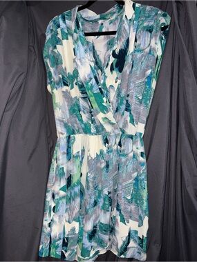 Collective Concepts Teal & Green Abstract Mini Wrap Dress